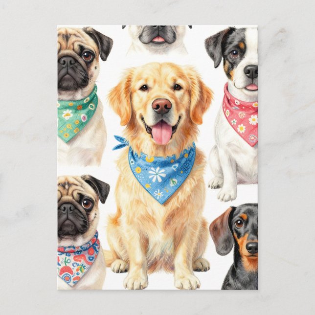 Cute Puppy Portraits Bandana Collage Watercolor Vykort (Framsida)