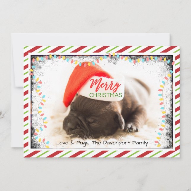 Cute Puppy Pug in a Red Santa Hat jul Julkort (Framsida)