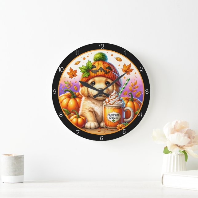 Cute Puppy Pumpkin Season Fall Theme Stor Klocka (Hem)