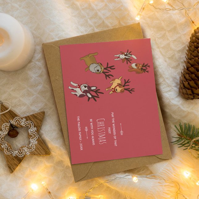 Cute Puppy Reindeer Baby’s First Christmas Julkort (Skapare uppladdad)