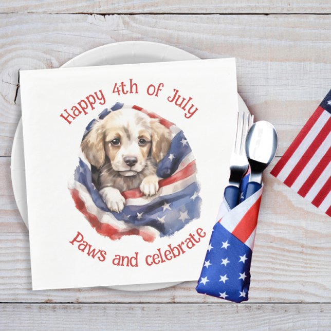 Cute Puppy Rött vitt blått American Flagga Lycklig Pappersservett (American flag and puppy 4th of July paper napkins)