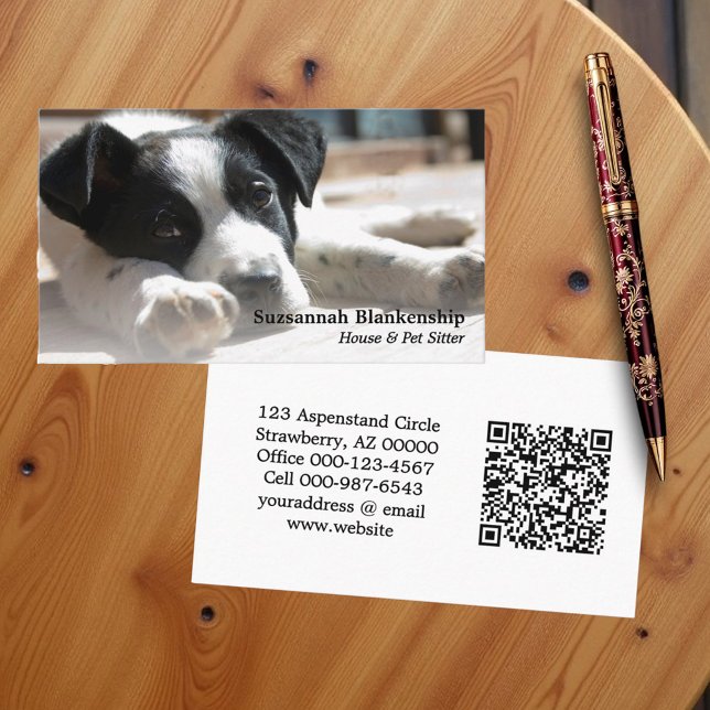 Cute Puppy-utbytbart foto och QR-kod Visitkort (Business card front and back )