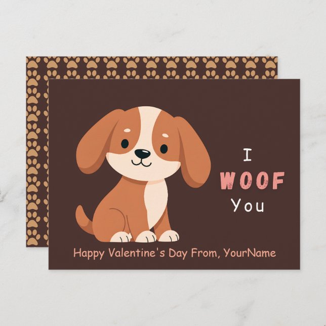 Cute Puppy Valentine Pun Card – I Woof You Helg Vykort (Fram/baksida)