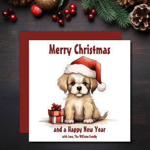 Cute Puppy Wearing a Santa Hat Hund jul Julkort