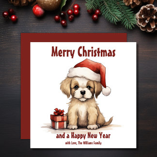 Cute Puppy Wearing a Santa Hat Hund jul Julkort