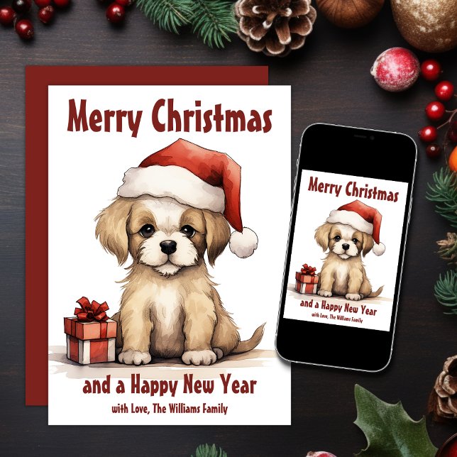 Cute Puppy Wearing a Santa Hat Hund jul Julkort (Printed and Digital - Cute Puppy Wearing a Santa Hat Dog Christmas Holiday Card)