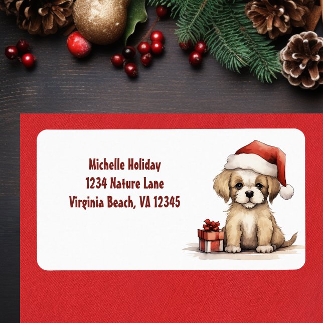 Cute Puppy Wearing Santa Hat Hund jul Adress Adressetikett (Cute Puppy Wearing Santa Hat Dog Christmas Address Label)