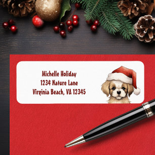 Cute Puppy Wearing Santa Hat Hund jul Adress Returadress Etikett