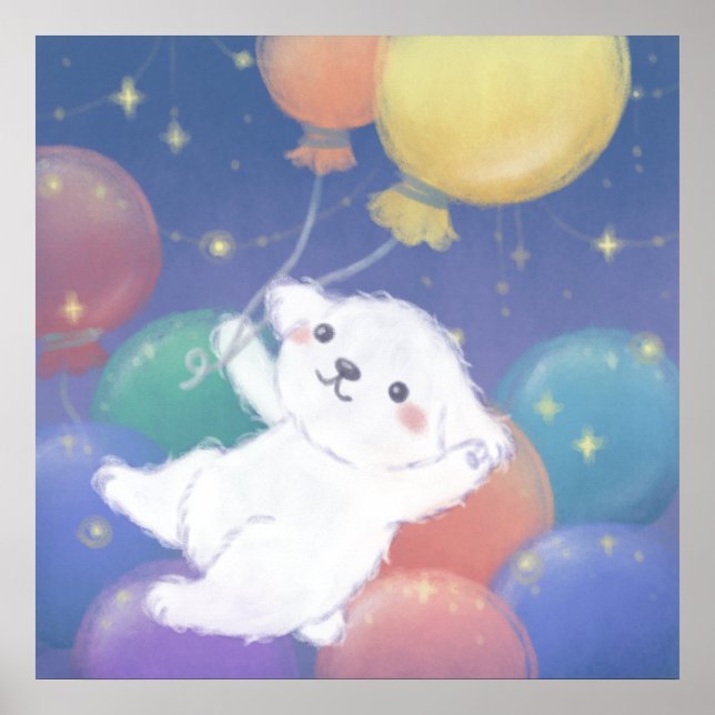 Cute Puppy with Balloons & Stars Poster (Framsidan)