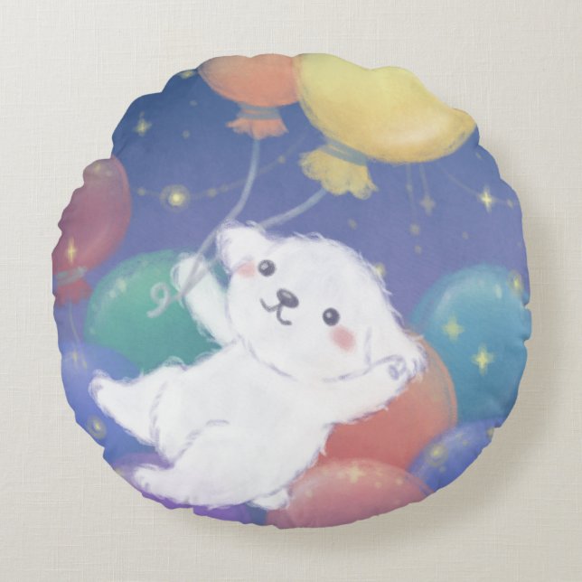 Cute Puppy with Balloons & Stars Rund Kudde (Framsidan)