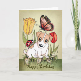 Cute Puppy with Butterfly and Ladybug Birthday Kort