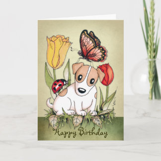 Cute Puppy with Butterfly and Ladybug Birthday Kort
