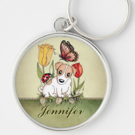 Cute Puppy with Butterfly, Ladybug and Tulips Rund Silverfärgad Nyckelring