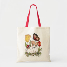 Cute Puppy with Butterfly, Ladybug and Tulips Tygkasse