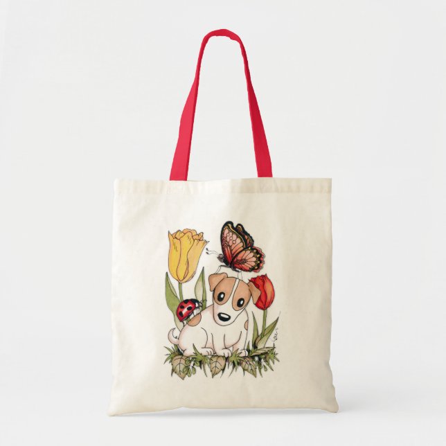 Cute Puppy with Butterfly, Ladybug and Tulips Tygkasse (Framsidan)