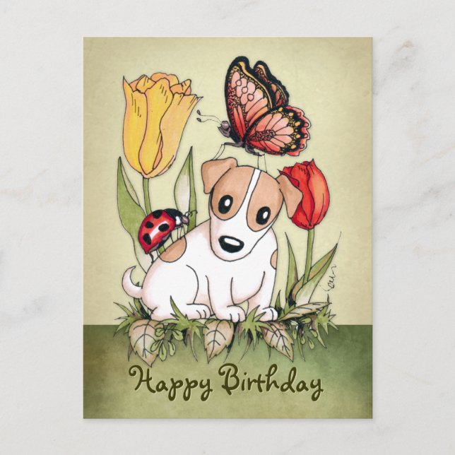Cute Puppy with Butterfly, Ladybug and Tulips Vykort (Framsida)