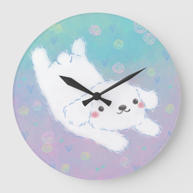 Cute Puppy with Pastel Flowers Stor Klocka (Framsida)