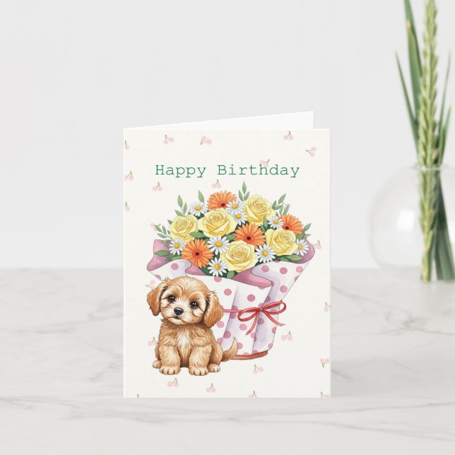 Cute Puppy with Pot of Flowers Sweet Birthday Kort (Framsida)