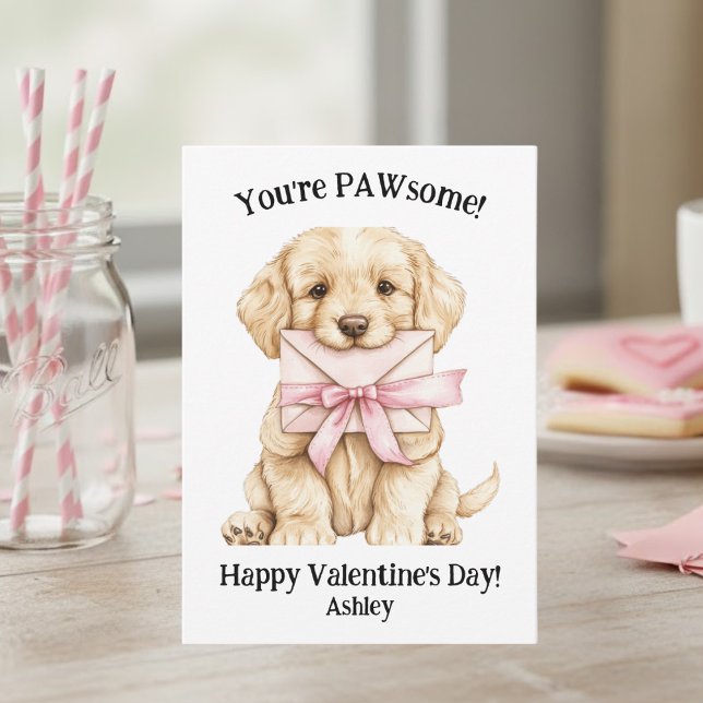 Cute Puppy You're PAWsome Pink Kids Valentine's  Anteckningskort (Skapare uppladdad)