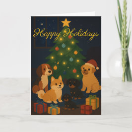 Cute Pups around the Tree Custom Christmas Card Kort