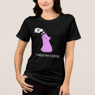 Cute Purple Cat “I Need My Coffee” Funny Design T Shirt