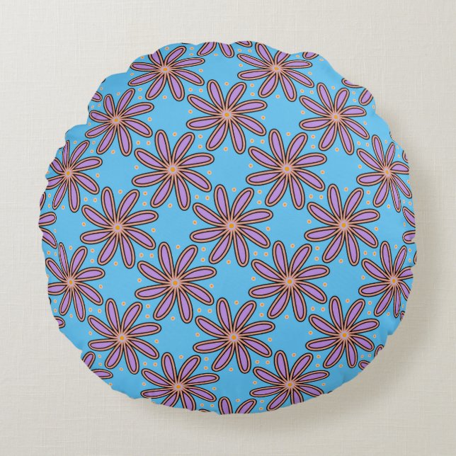 Cute Purple Daisies On Blue Throw Pillows Rund Kudde (Framsidan)