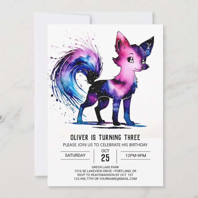 Cute Purple Fox Digital Boy Birthday Inbjudningar (Framsida)