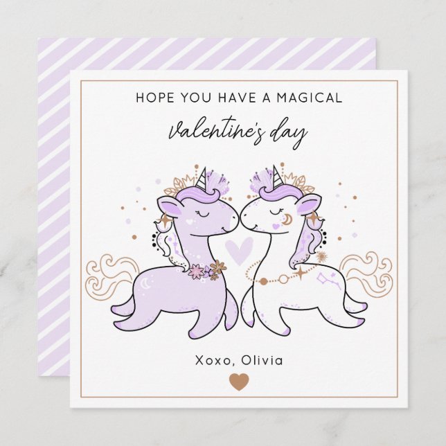 Cute Purple Magical Unicorn Kids Valentine's Day  Anteckningskort (Fram/baksida)