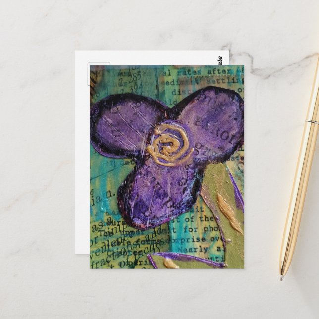 Cute Purple Mixed Media Flower Vykort (Fram/Back In Situ)