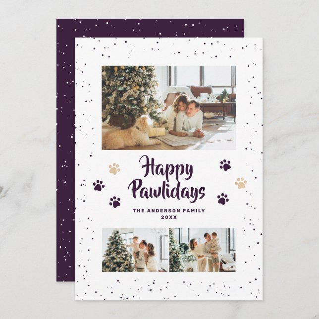 Cute Purple Photo Happy Pawlidays Card Julkort (Fram/baksida)