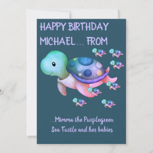 Cute Purplegreen Sea Turtle & Spädbarn Birday Card Inbjudningar