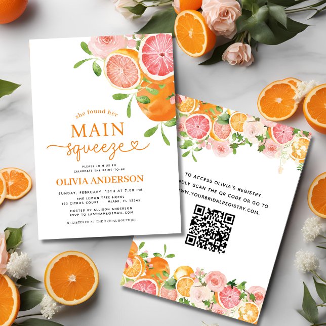 Cute QR-kod Citrus Main Squeeze Möhippa Inbjudningar (Skapare uppladdad)