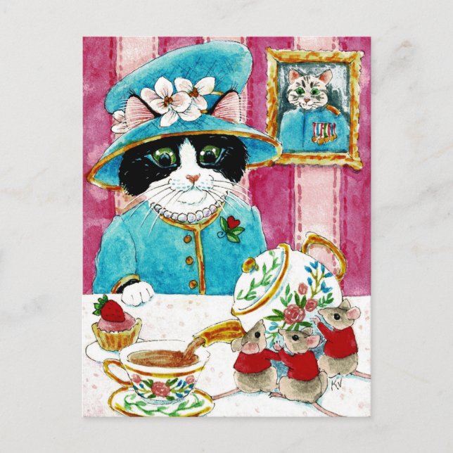 Cute Queen Elizabeth Cat Mouse Tea-vykort Vykort (Framsida)