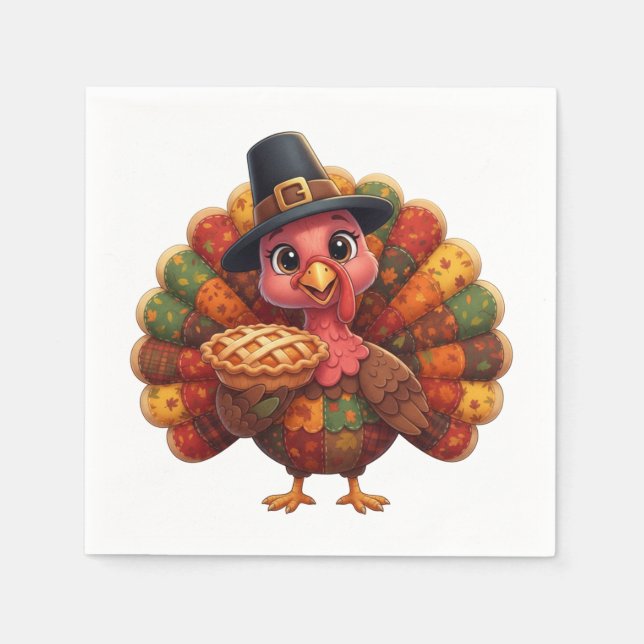 Cute Quilted Patchwork Turkey | Pilgrim Hat Pie  Pappersservett (Framsidan)