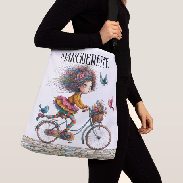 Cute Quirky Bicycle Girl - See Back - Tote Axelväska (Närbild)