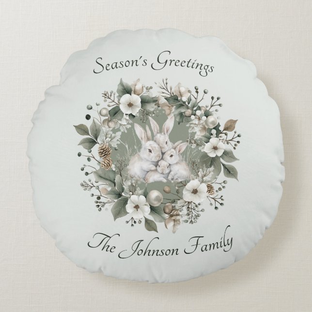 Cute Rabbas i en Blommigt Winter Wandeans Rund Kudde (Framsidan)