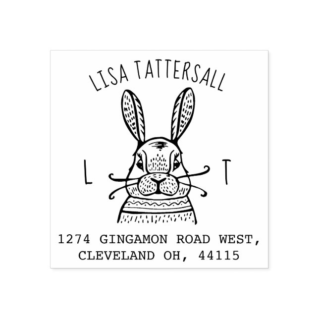Cute Rabbit Animal Monogram & Namn Returadress Stämpel (Tryck)