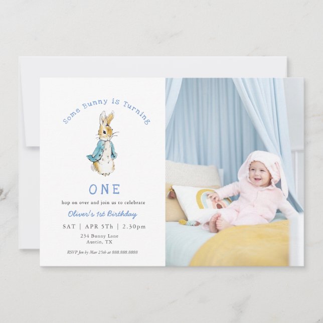 Cute Rabbit Baby boy 1st birthday  Photo Inbjudningar (Framsida)