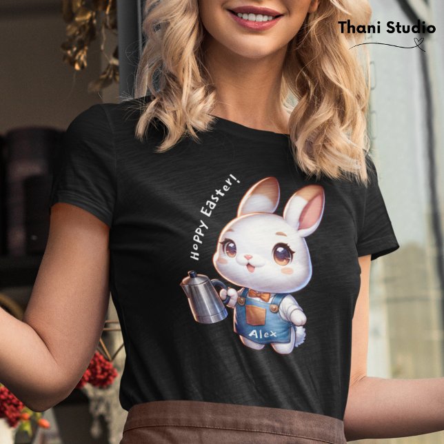 Cute Rabbit Barista Hoppy Påsk & Custom Name BL T Shirt (Skapare uppladdad)
