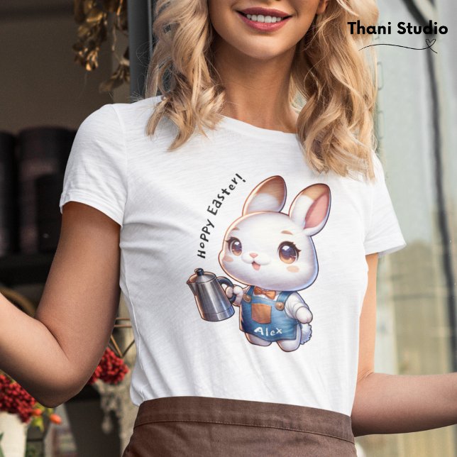 Cute Rabbit Barista Hoppy Påsk och eget namn T Shirt (Skapare uppladdad)