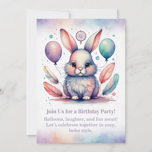 Cute Rabbit Birthday Invitation Woodland Boho  Inbjudningar (Framsida)