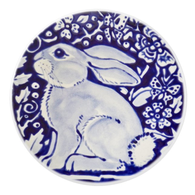 Cute Rabbit Blue White Woodland Animal Dedham   Knopp (Framsidan)