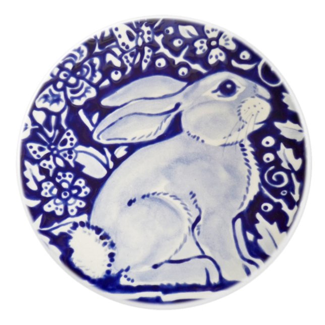 Cute Rabbit Blue White Woodland Animal Dedham  Knopp (Framsidan)