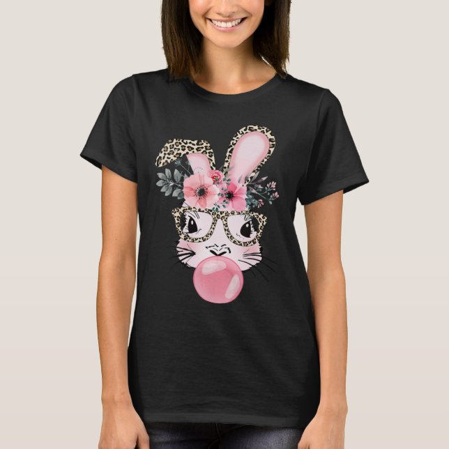 Cute Rabbit Bubble Gum Easter Day Bunny Leopard Gl T Shirt (Framsida)