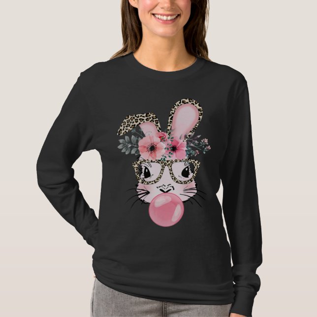 Cute Rabbit Bubble Gum Easter Day Bunny Leopard Gl T Shirt (Framsida)
