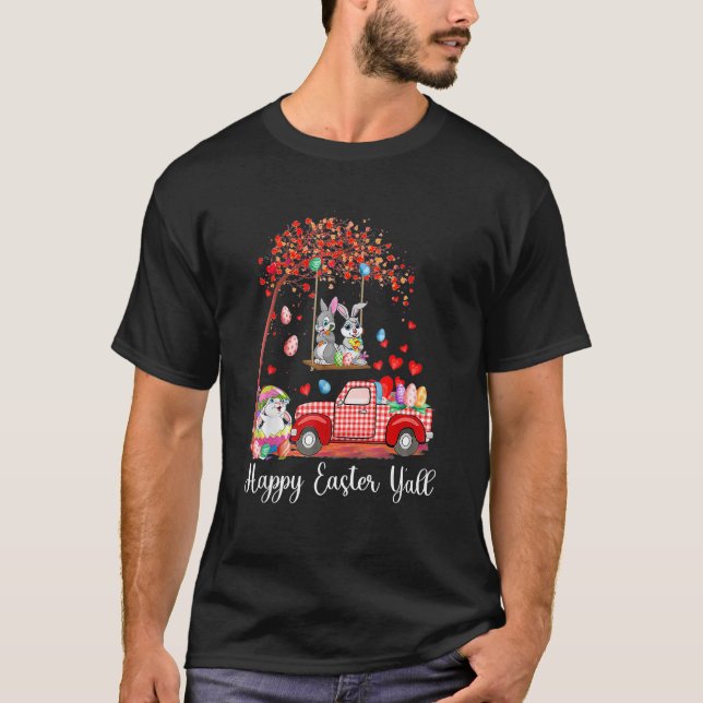 Cute Rabbit Bunnies Red Lastbil Egg Hunting Lyckli T Shirt (Framsida)