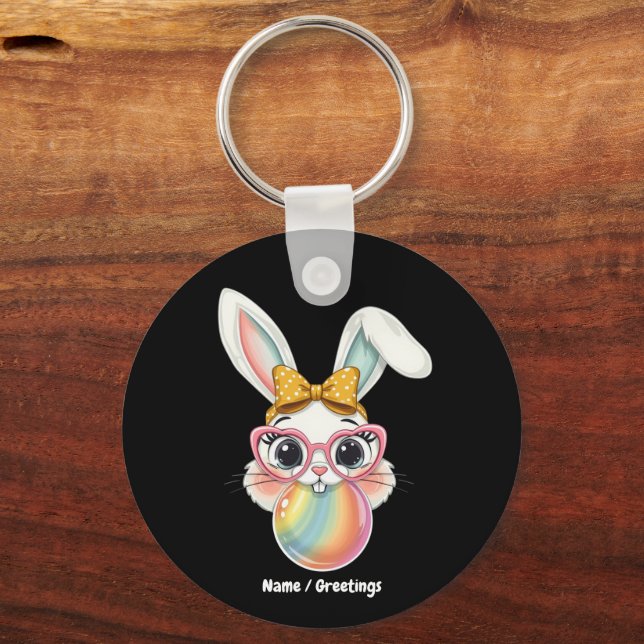 Cute Rabbit Bunny Blowing Bubble Gum Glad påsk Nyckelring (Framsida)