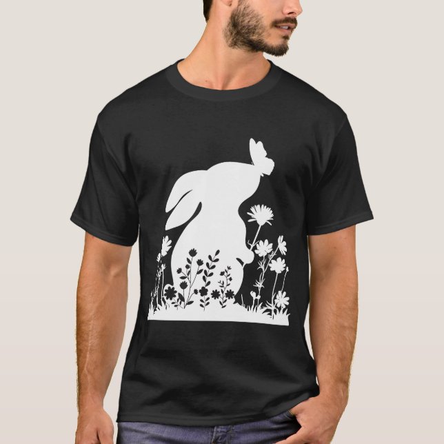 Cute Rabbit Bunny med blommor Garden Glad påsk T Shirt (Framsida)