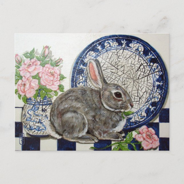Cute Rabbit Bunny Painting Dedham Plate Blommigt A Vykort (Framsida)