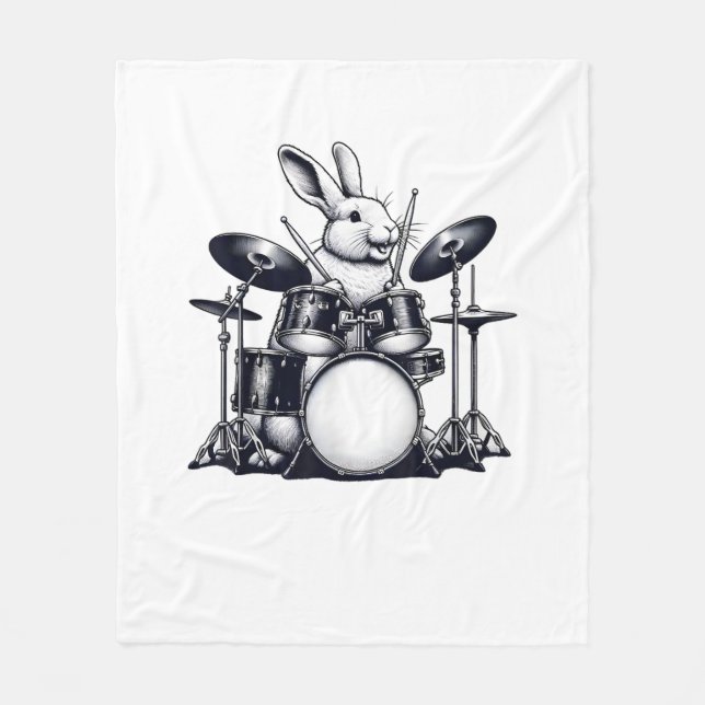Cute Rabbit Bunny som spelar ut Drums Rabbits Drum Fleecefilt (Framsidan)